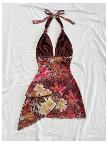 Image of SOLY HUX Women's Y2K Summer Beach Halter Mini Dress | Retro Floral Dress, V Neck, Backless, Club Nightout, Sexy Going Out Clothes, Birthday Dress