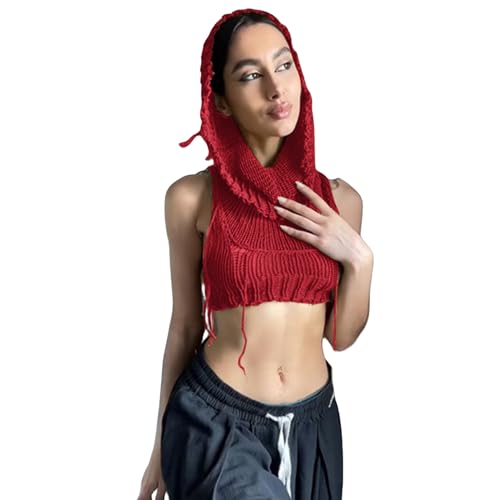 Image of Women's Knitted Hoodie Sweater Vest Sexy Sleeveless Hollow Out Hooded Crop Top Draped Sweatshirt Streetwear