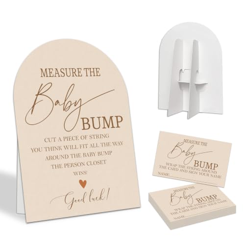 Beige Measure the Baby Bump Game Sign with 50 Guess Cards, Neutral Baby Shower Party Activity Set, 7 x 10 Inch Display and 2.1 x 3.5 Inch Cards for Mom to Be, New Parents, Gender Reveal - A06
