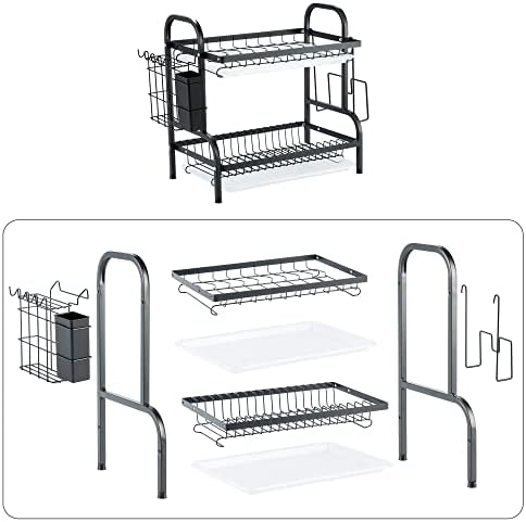 Avellux 2 Tier Black Dish Drainer Rack, Stainless Steel Dish Drying Rack Kitchen, Dish Drainers Draining Board with Drip Tray, Rust Proof Dish Rack Washing Up Sink Drainer Rack