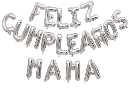 Feliz Cumpleanos Mama Balloons - 16 Inch Foil Spanish Happy Birthday Letter Balloons for Mom's Birthday & Mother's Day Decorations (Silver)