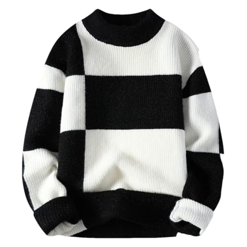 Men Plaid Loose Pullover Sweater Long Sleeve Crew Neck Patchwork Casual Knit Jumper