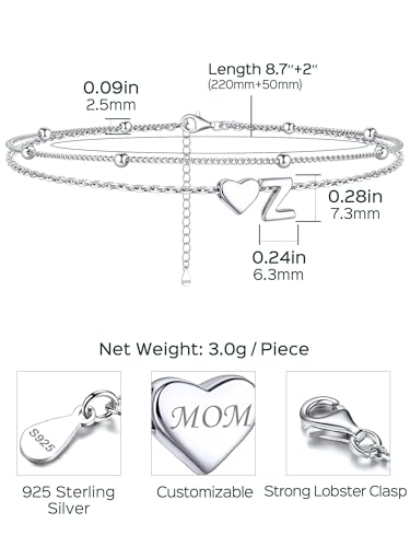 Image of ChicSilver Sterling Silver Anklets for Women Hypoallergenic Womens Ankle Bracelets for Women Layered Heart Anklet With Initials Womens Anklets Jewelry for Mom Wife