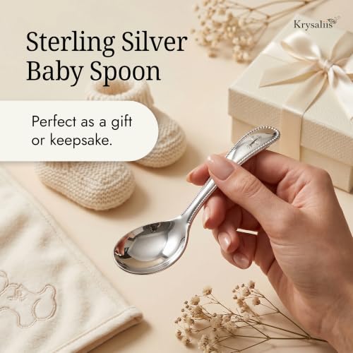 Image of Beaded Cross 925 Sterling Silver Baby Feeding Spoon | Food grade, engravable, gift boxed, baby shower, christening