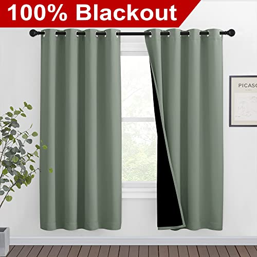 Image of NICETOWN 100% Blackout Window Curtain Panels, Full Light Blocking Drapes with Black Liner for Nursery, 72-inch Drop Thermal Insulated Draperies (Greyish Green, 2 Pieces, 46-inch Wide Per Panel)