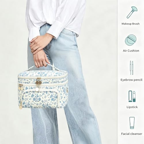 Mgiflw Extral Large Makeup Bag for Women,Double Layer Quilted Travel Cosmetic Organizer Case,Skin Care Essentials Toiletries Bags Waterproof Brush Storage with Removable Dividers,Floral Blue - Image 6