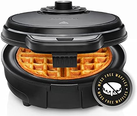 Chefman Anti-Overflow Belgian Waffle Maker w/Shade Selector, Temperature Control, Mess Free Moat, Round Nonstick Iron Plate, Cool Touch Handle, Measuring Cup Included, Black Stainless Steel