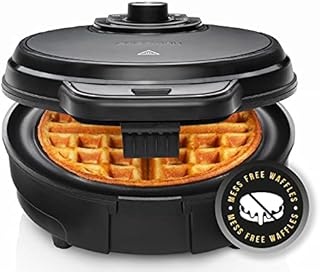 Chefman Anti-Overflow Belgian Waffle Maker w/Shade Selector, Temperature Control, Mess Free Moat, Round Nonstick Iron Plate, Cool Touch Handle, Measuring Cup Included, Black Stainless Steel