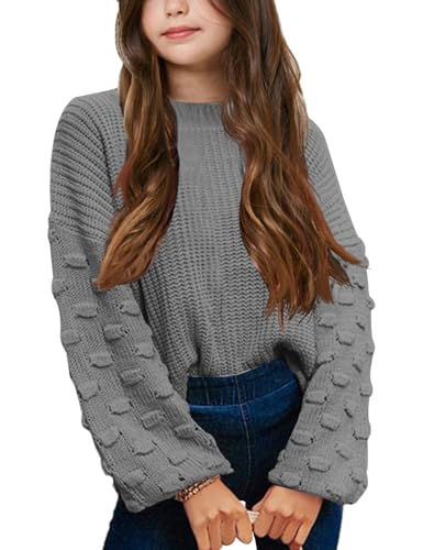 Image of Girls Crewneck Knit Pullover Sweaters Long Lantern Sleeve Oversized Knit Cute Jumper Tops