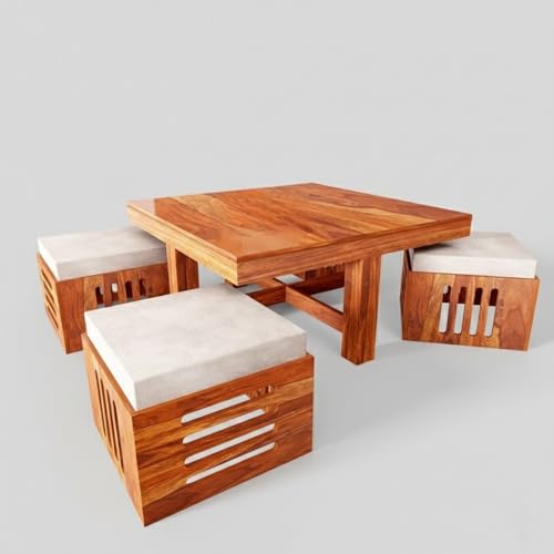 Image of Modern Solid Wood Coffee Table with 4 Cushioned Stools | Space-Saving Center Table Set for Living Room | Multipurpose Tea Table Furniture for Home, Lounge & Apartment Decor | Natural Wood Finish
