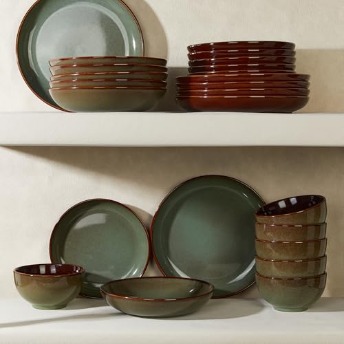 Image of Pokini 16 Piece Double Bowl Dinnerware Sets with Pasta Bowls, Highly Chip and Crack Resistant Plates and Bowls Sets, Natural Earthyware Ceramic Dishware Sets, Service for 4 Sage Green