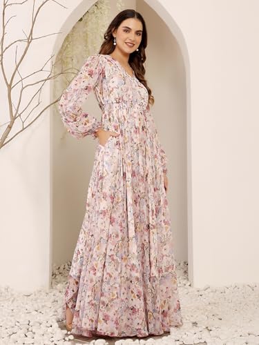 Image of Miss Chase Women Pleated V Neck Full Sleeves Relaxed Fit Midi Length Dress