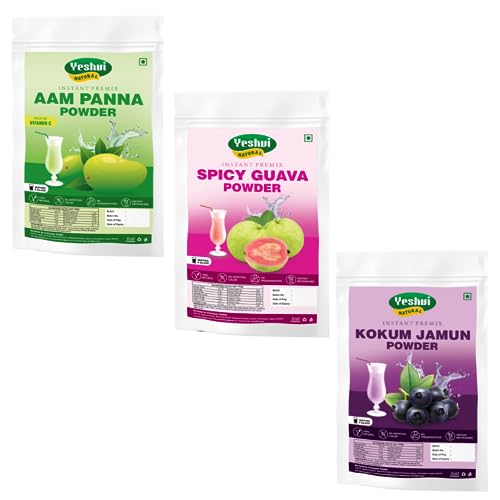 Yeshvi NATURAL Aam Panna Powder & Spicy Guava Powder With Kokum Jamun Fruit Juice Powder Combo Pack, Instant Drink Mix Powder, Easy to Make Beverage, 300gm