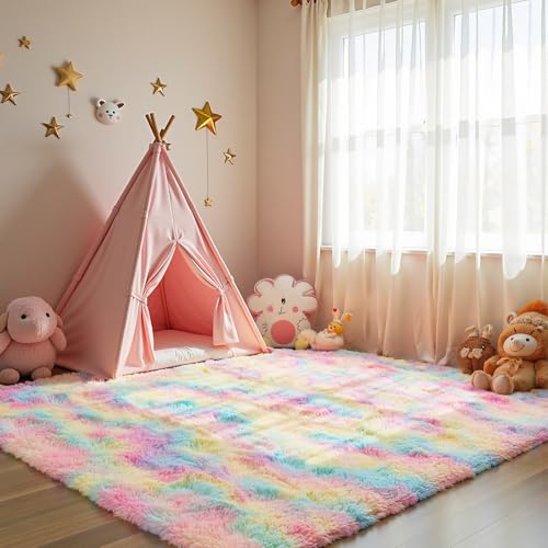 Zentavio Unicorn Rugs for Girls Room 3x5 Area Rugs for Living Room Small Carpet for Bedroom Washable Soft Fluffy Shag Aesthetic Plush High Pile Throw Rug for Nursery Kids Room Dorm Room Rainbow