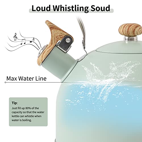 Lonffery Tea Kettle, 2.5 Quart Whistling Tea Kettle, Tea Pots For Stove Top Food Grade Stainless Steel With Wood Pattern Folding Handle - Turquoise #TOP2