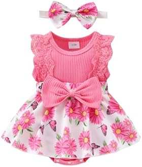 KAFIREN Baby Girl Clothes Newborn Romper Dress Infant Lace Ruffle Sleeveless Summer Outfits with Headband 0-12 Months