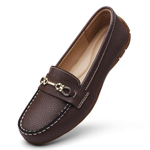KORDAL Women's Comfortable & Lightweight Coffee Leather Loafers Slip-Ons Driving Mocs Walking Shoes Cute Business Casual Dress Shoes Work Flats for Women 7 M US
