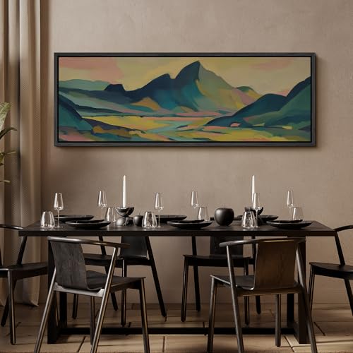 Image of MUDECOR Large Framed Canvas Print Wall Art Colorful Abstract Mountain Landscape Modern Antique Retro Ready to Hang Painting for Living Room Bedroom Multi-Sizes - 60 inchx20 inch