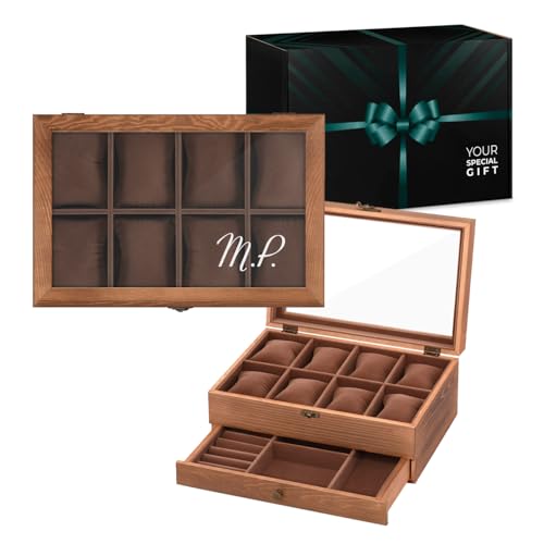 Maverton Scatola porta orologi personalizzata per donne - Portagioie con incisione con 8 scomparti e cassetto per compleanno donna - Cofanetto per anniversario di matrimonio - Iniziali