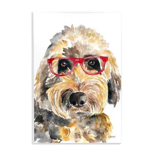 Terrier with Red Glasses, 13 x 19 Inch Mounted Print on Wall Plaque