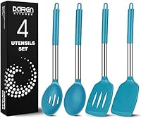 Pack of 4 Large Silicone Cooking Spatulas and Spoons, Slotted and Solid Stainless Steel Cooking Utensils Set, Non-stick Heat Resistant Kitchen for Baking, Fried, Stir-Fry, Mixing, Serving (Blue)