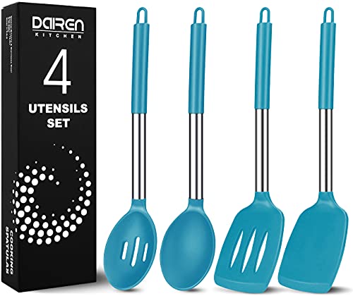 Pack of 4 Large Silicone Cooking Spatulas and Spoons, Slotted and Solid Stainless Steel Cooking Utensils Set, Non-stick Heat Resistant Kitchen for Baking, Fried, Stir-Fry, Mixing, Serving (Blue) by DaiRen Kitchen - Used condition - US$10.33