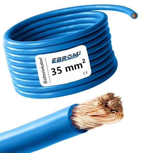 EBROM - Filo Elettrico, Cavo Batteria da 5 metri - Cavo Positivo - Blu - 6 mm2 | 6 mm² | 6 mm2 - Rame Pieno 99,9% Cavo di Alimentazione in Rame OFC, Lunghezza: 5 metri