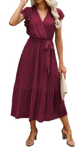 Adigaber Femme Mousseline Robe d'été Longue Robe Elégante A-Line Robe col V à Volants avec Ceinture