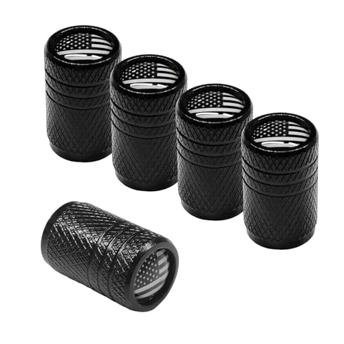 JNXIJ 5 PCS Tire Valve Stem Caps, Corrosion Resistant Aluminum American Flag Wheel Valve Covers, Leak-Proof Tire Air Cap Patriotic Accessory for Cars, Trucks, Motorcycles (Black, Sleek Flag)