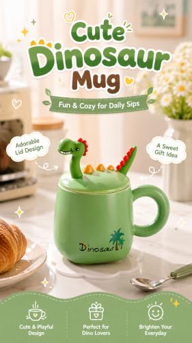NQQNQQ Be-G Dinosaur Mug with Lid and Spoon, 400ML Ceramic Coffee Mug for Tea & Coffee, Cute Dinosaur Gift for Christmas, Holiday Teacup for Women. (Dino/Green) - image 2