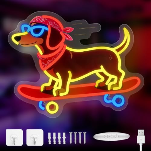 Image of Skateboard Dog Neon Signs, Dachshund Skateboarding Neon Sign Cool LED Wall Art Decor | Dimmable Dog Lover Gift | Idea for Living Room, Bar, Shop, or Birthday Party