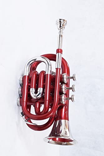 Oswal India Bb Pocket Trumpet Red Nickel Plated With Hard Case+Mouthpiece, Nickel, Red #TOP1