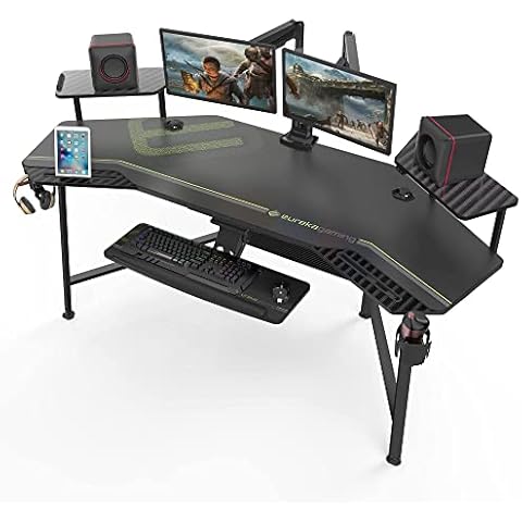 EUREKA ERGONOMIC Gaming Desk with RGB Lights 182 x 76cm Computer Desk Large Wing Shaped Office Computer Workstation PC Table w Keyboard Tray, Dual Monitor Stand, Headphone Hanger, Cup Holder Cover