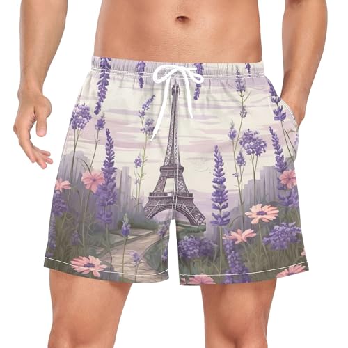 xigua Eiffel Tower Lavender Mens Swim Trunks with Liner, 5 inch Quick Dry Mens Boardshorts for Beach