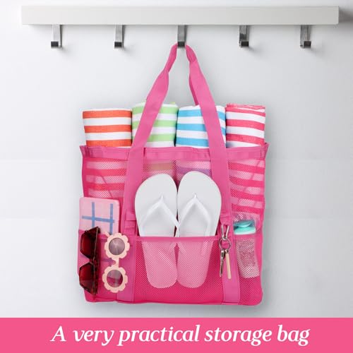 Image of Hillban Large Beach Mesh Bags Bulk for Women Beach Tote Bag with 8 Pocket Zipper Waterproof Sandproof for Pool Cruise Ship