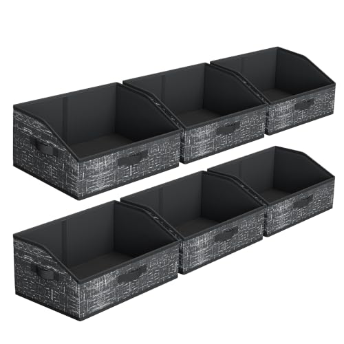 SONGMICS Set of 6 Storage Baskets, Foldable Storage Bins with Removable Dividers, Fabric Boxes, 15.7 x 11.8 x 7.9 Inches, Closet Organizers, 3 Handles, for Living Room, Ink Black URFB0140B01
