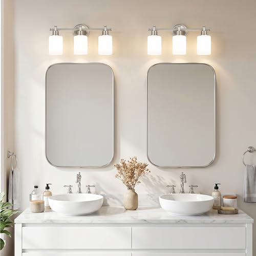 Image of 3-Light Bathroom Vanity Light Fixtures, Brushed Nickel Bathroom Wall Sconce, Modern Vanity Light with Milky White Glass Shade Over Mirror, Bathroom, Bedroom, E26 Base, 17 Inch