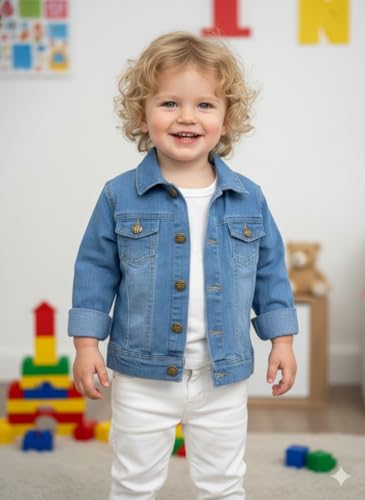 Image of A.T.U.N. (ALL THINGS UBER NICE) Trendy Boys Cotton Denim Jacket | Casual Outerwear with Full Button Front, Smart Collar & Pockets | Stylish Cotton Casual Kids Jacket for Everyday