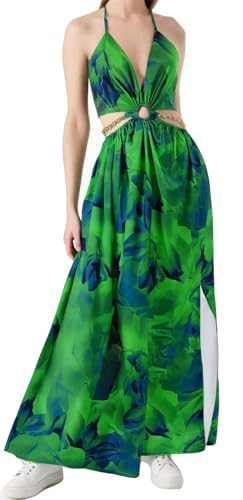 Image of Qikaka Women's Sleeveless Deep V Neck Floral Printed Metal Chain Bodycon Sexy Nightclub Party Boho Dress