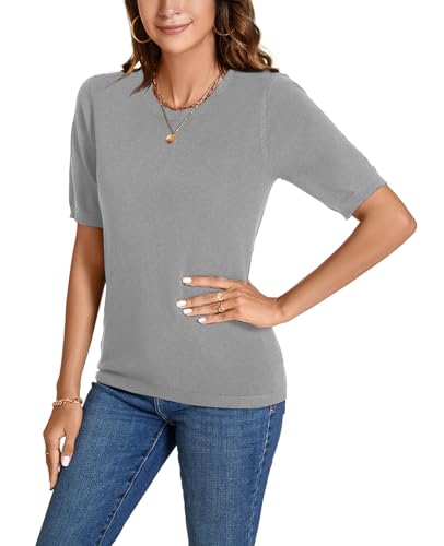 Womens Short Sleeve Sweaters Tops Crew Neck Pullover Shirt Lightweight Knit Sweater Blouse4