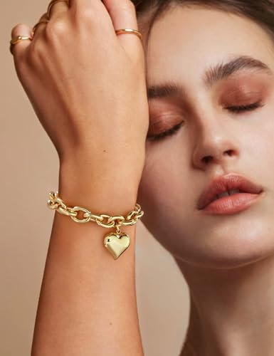 WOWORAMA Gold Heart Bracelets for Women Gold Chunky Link Chain Bracelet Puffy Heart Charm Bracelet Adjustable Thick Chunky Gold Bracelets4