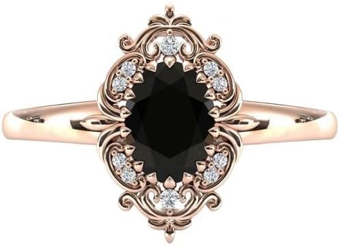 1CT-5CT Vintage Oval Black Diamond Ring 10K Rose Gold, Victorian Oval Natural Black Diamond Engagement Ring, Halo Filigree Oval Black Diamond Ring