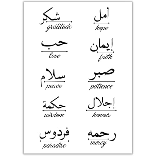 Foglio di tatuaggi con parole arabe ispiratrici - nero