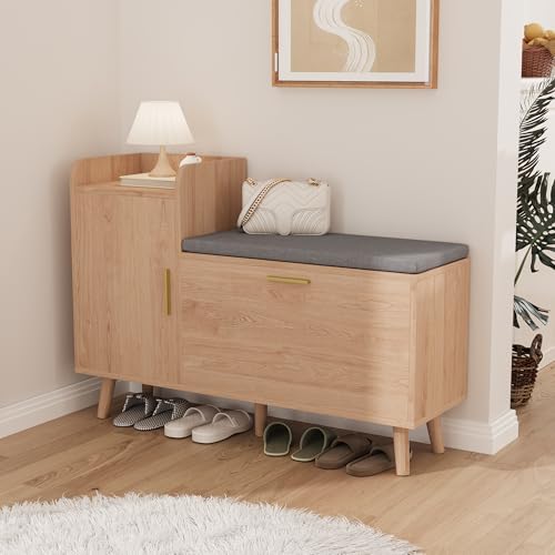 Mueble Zapatero Recibidor con Asiento, mueble Entrada recibidor zapatero con Banco Armario Zapatero de Madera Armario Independiente para entrada 100x30x69.5 cm Mueble Recibidor Entrada(D Color madera)