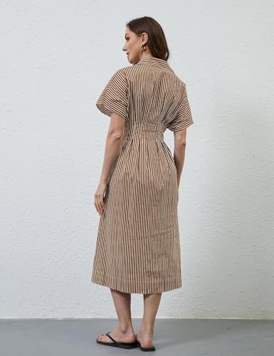 Image of MSBESYOR Women Button Front Pleated Shirt Maxi Dress Summer Striped Prints Short Sleeve Collar Casual Long Dresses