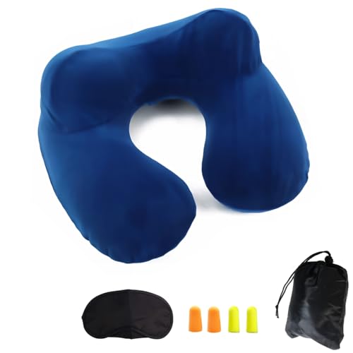 Almohada de Viaje, Cojín Inflable del Cuello de Viaje,Hecho de Terciopelo Suave con Tapones para los Oídos, Máscara de los Ojos y Bolsa de Transporte, para Viajar en avión, Tren, Coche(Azul)