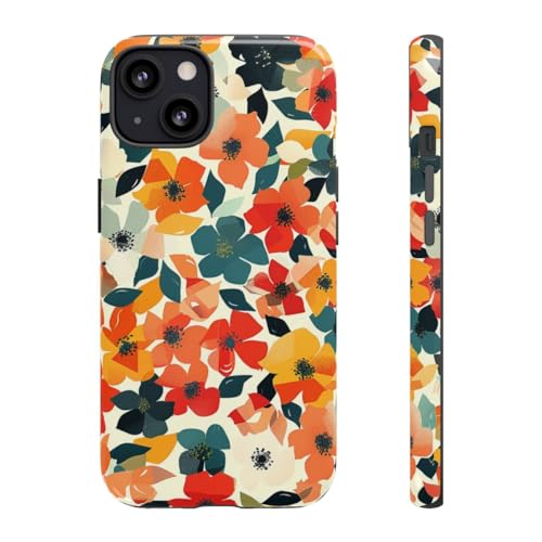 Coque iPhone 13 rigide brillante motif floral orange et vert