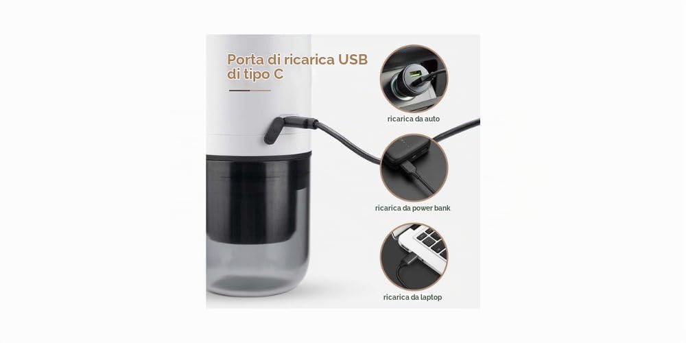 Macchina da Caffè Espresso Portatile da Viaggio, Nera, 17 Bar, Compatibile con Nespresso Capsule e Caffè Macinato, Ricarica USB-C