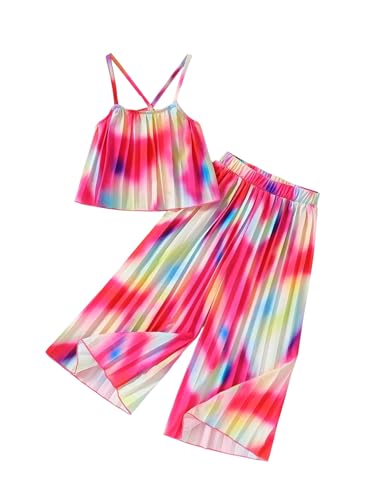 Image of RoseSeek Girl's 2 Piece Boho Cute Outfits Pleated Spaghetti Strap Camisoles Elastic Waist Wide Leg Pants Sets