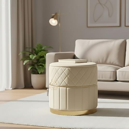 Image of Set of 2 Round Velvet Ottoman Footstool Gold Base - Tufted Upholstered Pouffe Stool for Living Room, Bedroom & Dressing Area (Cream)